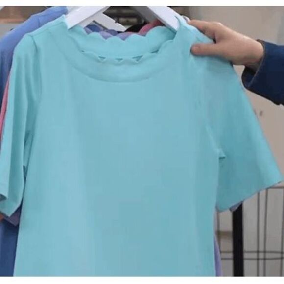 Denim & Co Womens 3X Essentials Perfect Jersey Top Aqua Scallop Neckline NWT - Picture 1 of 4